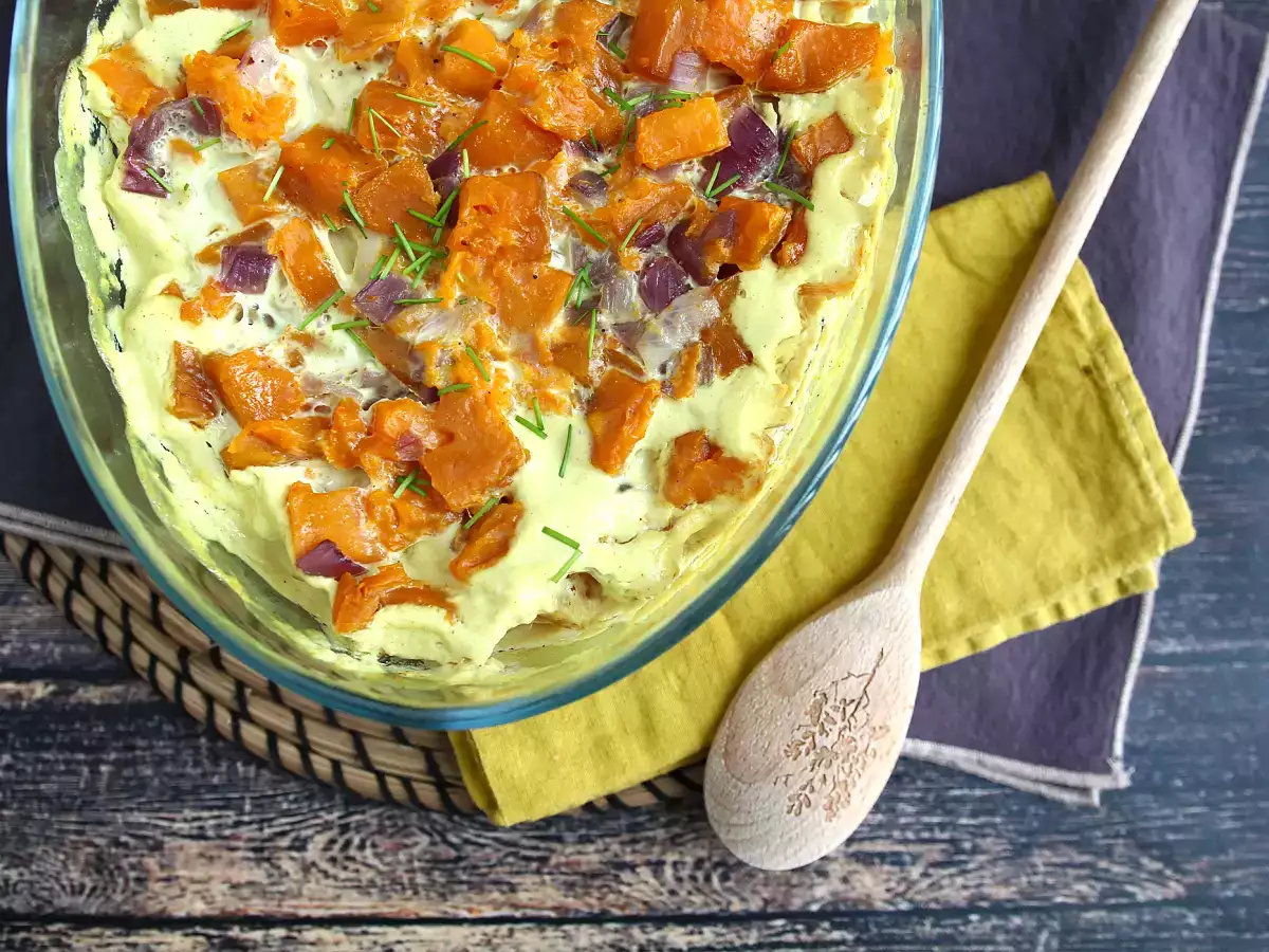 Гратен от сладки картофи с вкус на кокосово мляко и къри - снимка 3