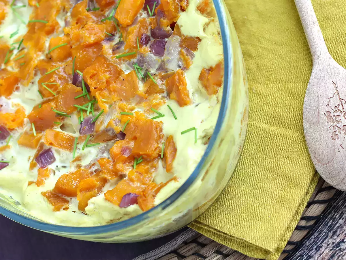 Гратен от сладки картофи с вкус на кокосово мляко и къри - снимка 5