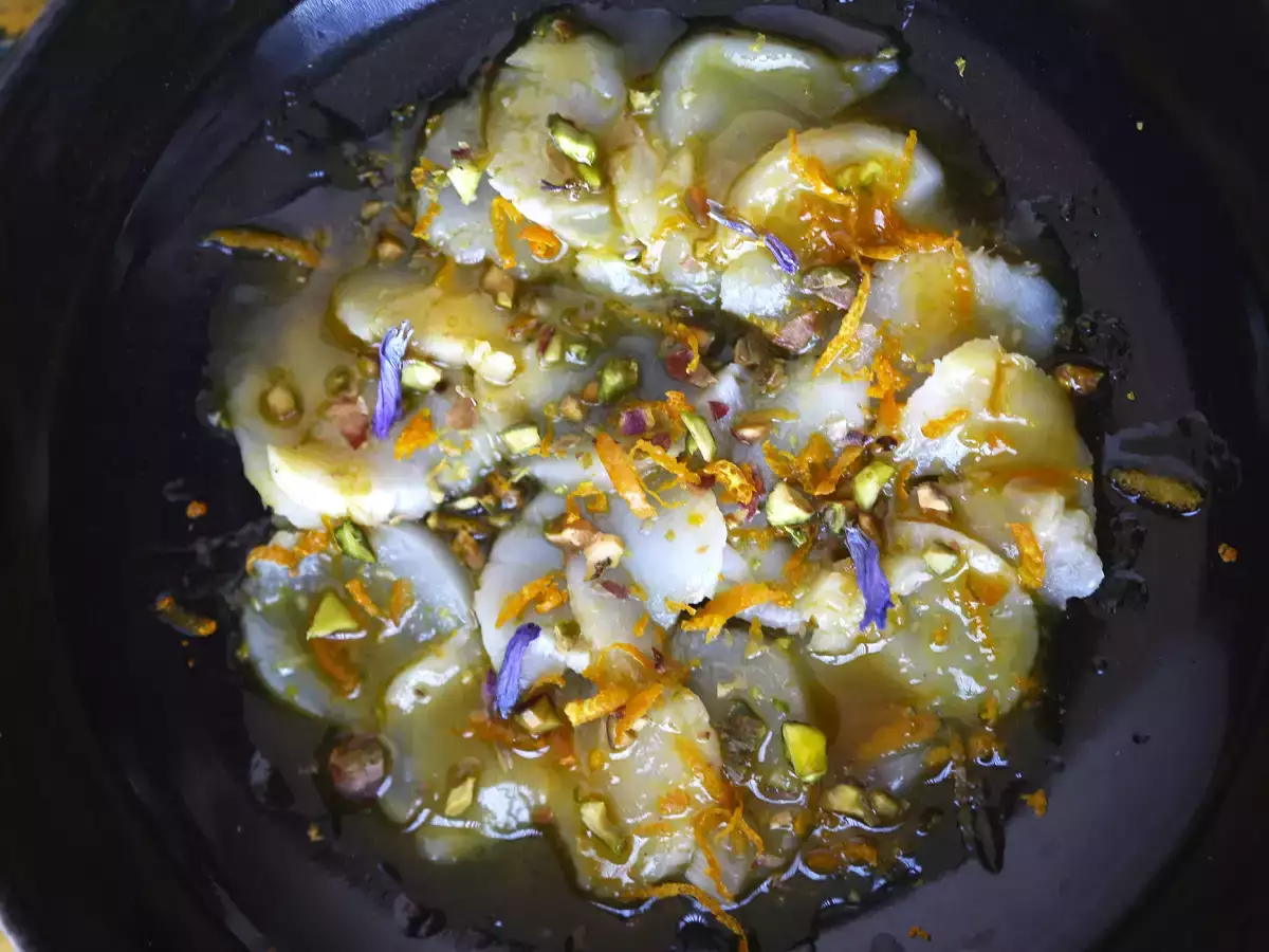 Карпачо от миди с цитрусов винегрет и шамфъстък - елегантно и лесно за приготвяне предястие. - снимка 3